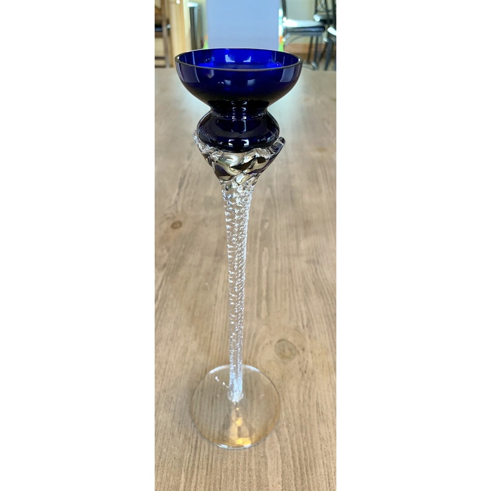 12" Romanian Crystal Cobalt Blue Twist Stem Taper Candle Holder
